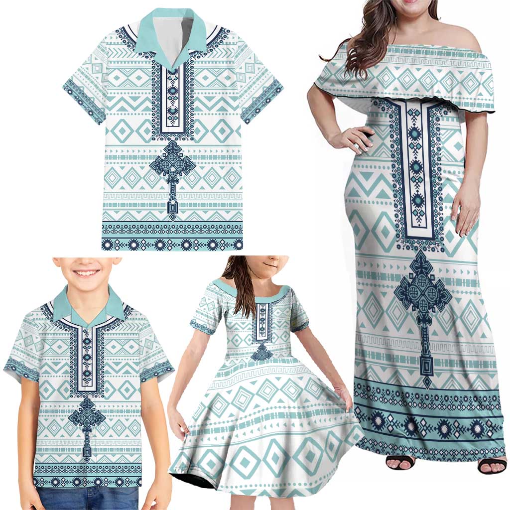 Eritrea Family Matching Off Shoulder Maxi Dress and Hawaiian Shirt Eritrean Cross Mix Tilet Pattern