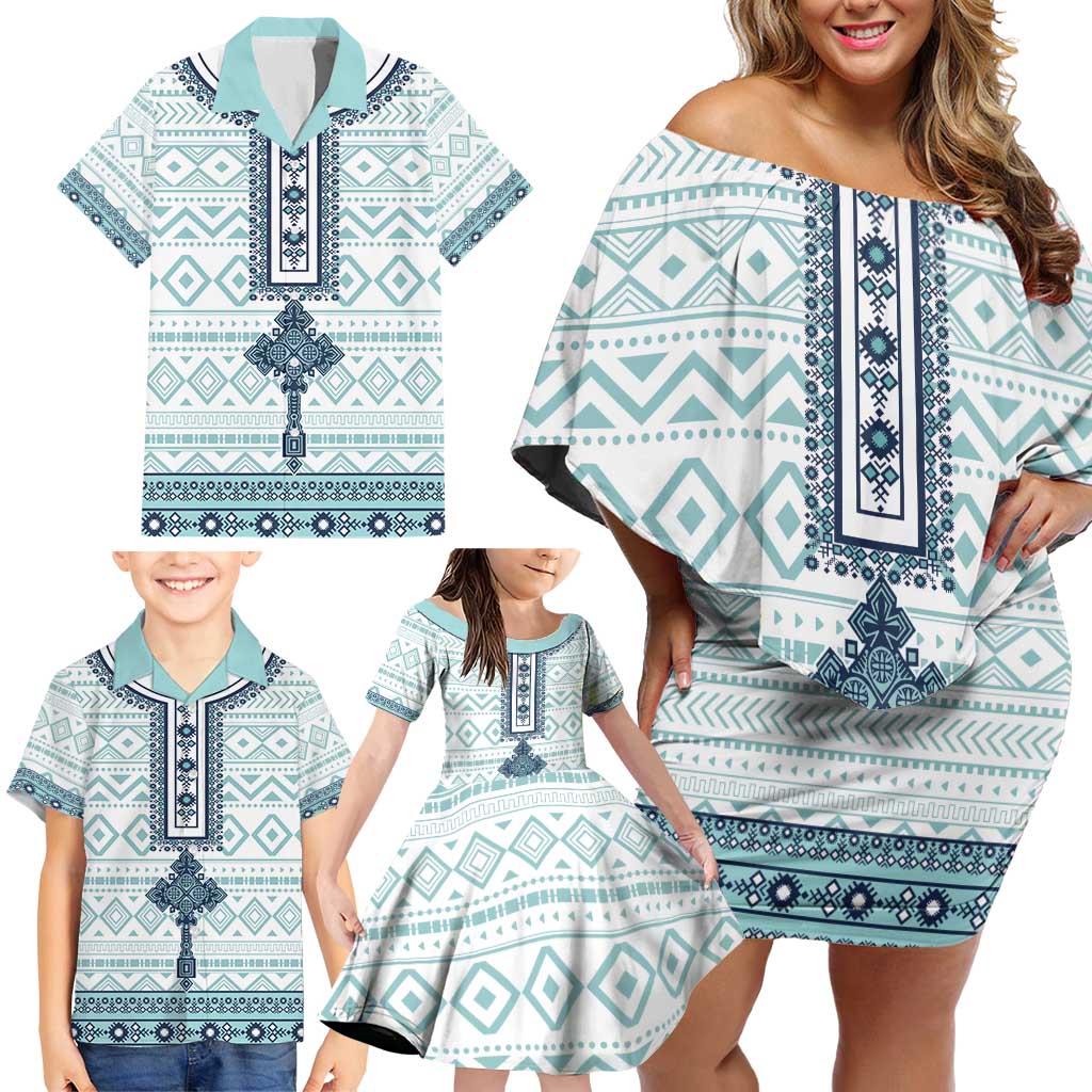 Eritrea Family Matching Off Shoulder Short Dress and Hawaiian Shirt Eritrean Cross Mix Tilet Pattern