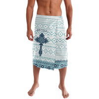 Men's lavalava sarong with teal-and-white geometric cross tile pattern, front motif