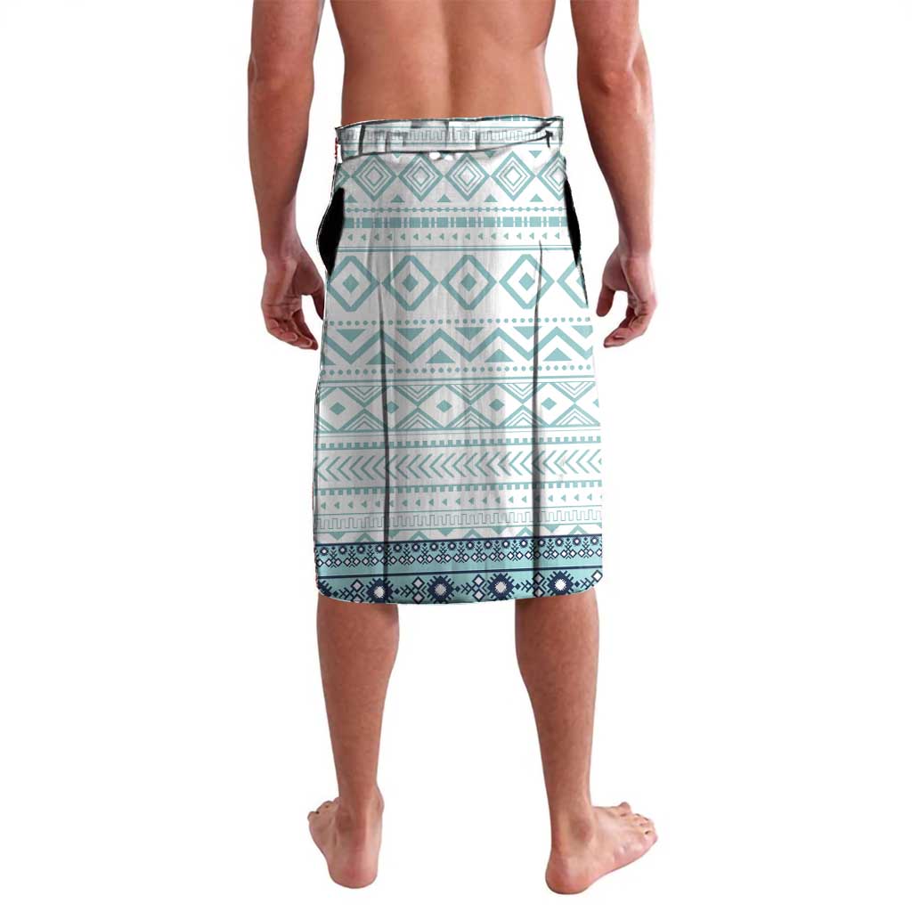 Men's lavalava sarong with teal and white tile cross pattern, knee-length