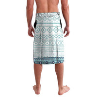 Men's lavalava sarong with teal and white tile cross pattern, knee-length