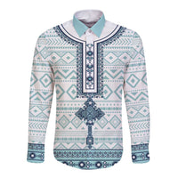Long-sleeve button shirt in white with turquoise and dark blue geometric cross print