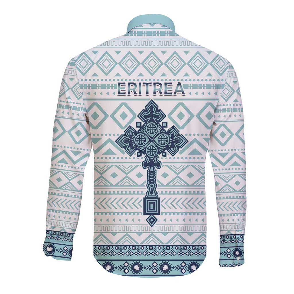 Long-sleeve button shirt back, white with turquoise and dark blue ERITREA cross graphic