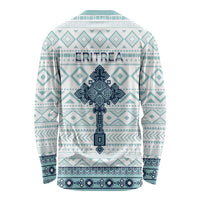 Long-sleeve crewneck shirt, white with teal back cross and ERITREA text