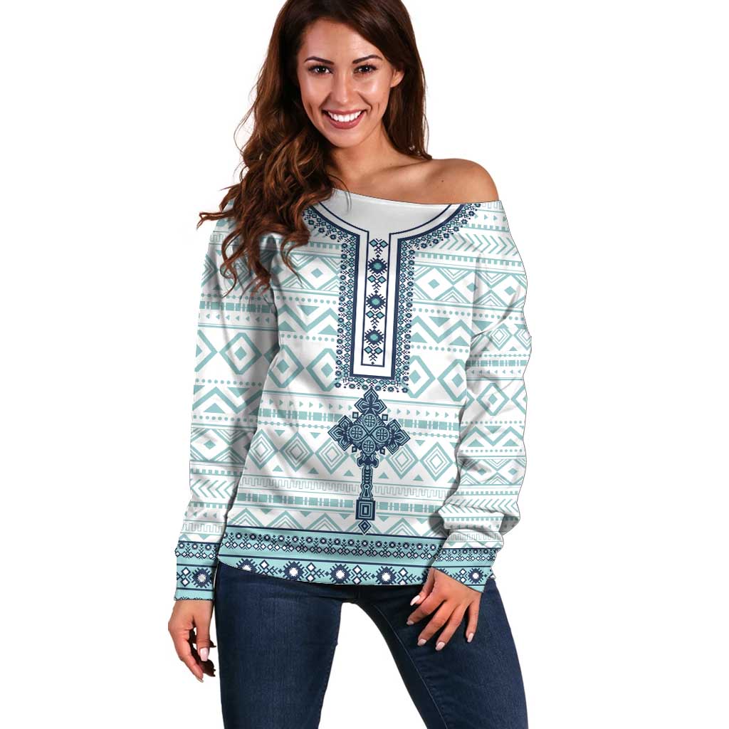 Eritrea Off Shoulder Sweater Eritrean Cross Mix Tilet Pattern - Wonder Print Shop