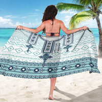 Geometric cross-tile sarong, white with teal and navy border and center motifs