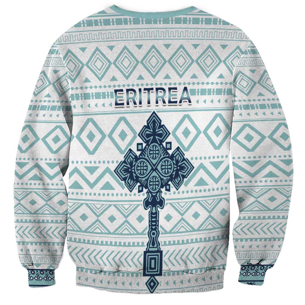 Unisex sweatshirt back with ERITREA text, teal geometric pattern and dark cross, crew neck