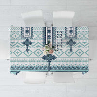 Rectangular teal and navy geometric cross tablecloth with diamond pattern bands
