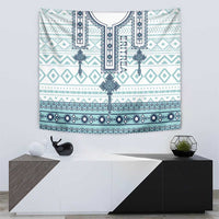Eritrean cross tile tapestry with teal and navy geometric bands and cross details