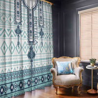Window curtain panels with teal, navy, and white geometric stripe pattern