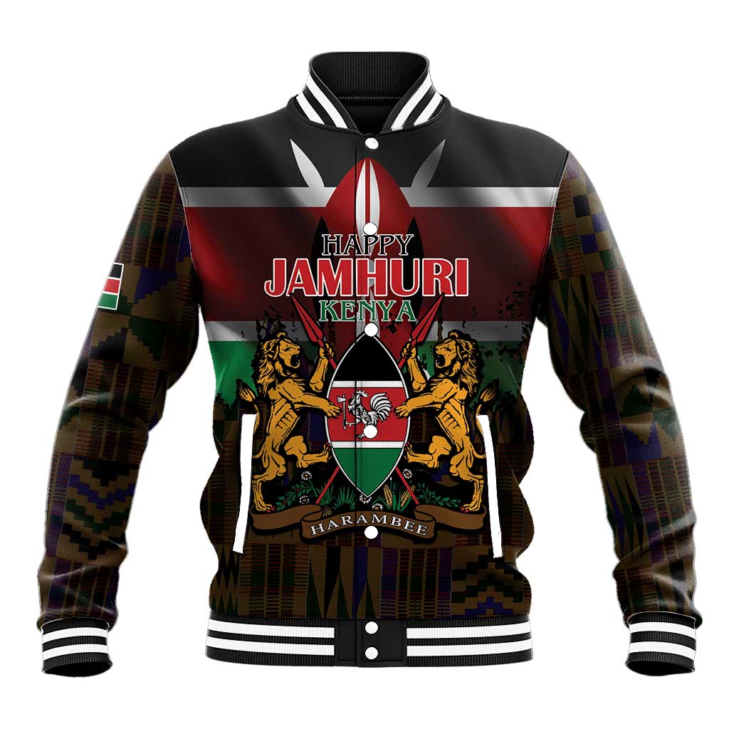 Happy Kenya Independence Day Baseball Jacket Coat Of Arms With Kente Pattern - Wonder Print Shop