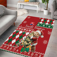 Red Christmas area rug with bear figure, snowflake motifs, diamond pattern border