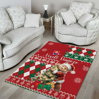 Red Christmas area rug with bear and argyle pattern