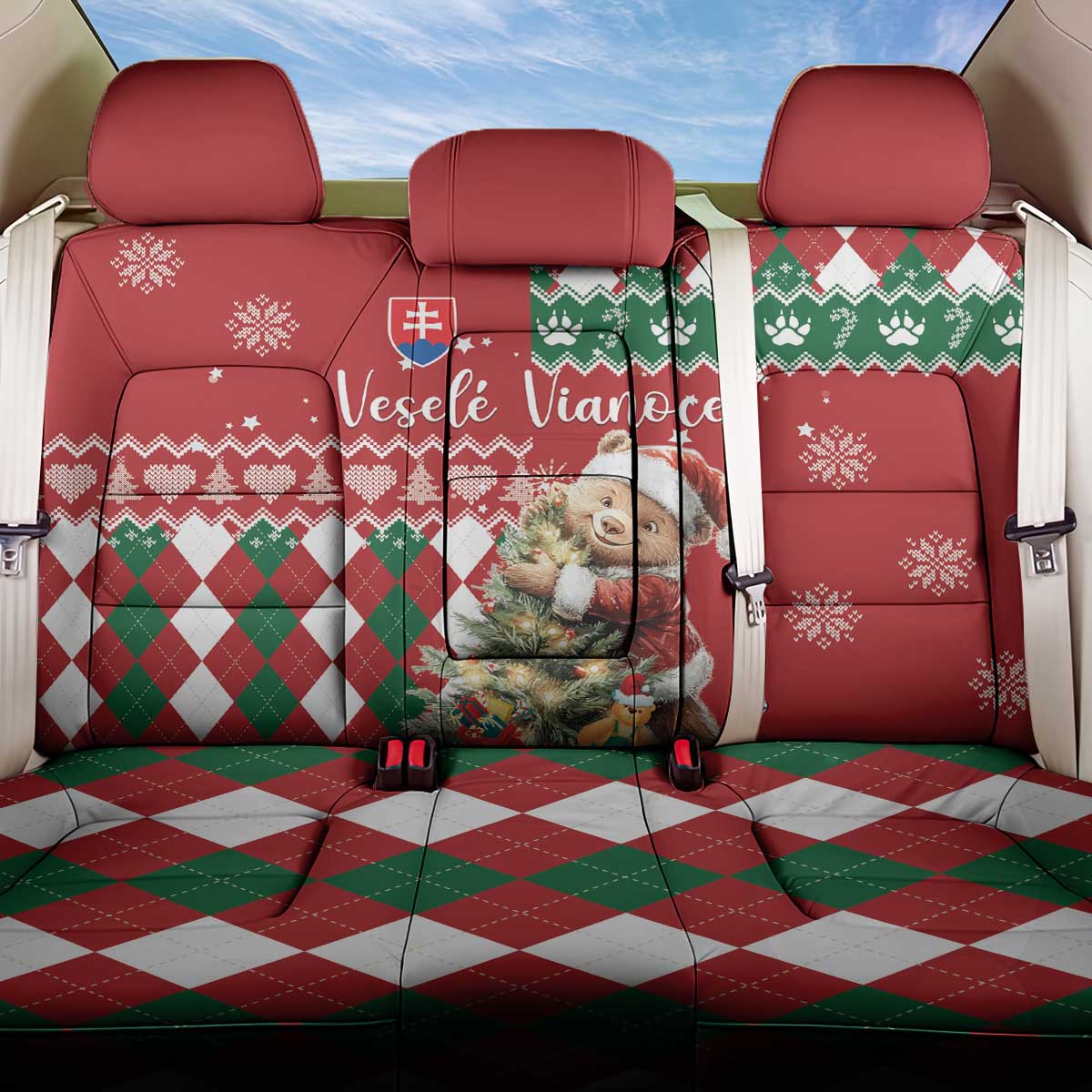 Slovakia Christmas Back Car Seat Cover Brown Bear Mix Argyle Pattern - Wonder Print Shop