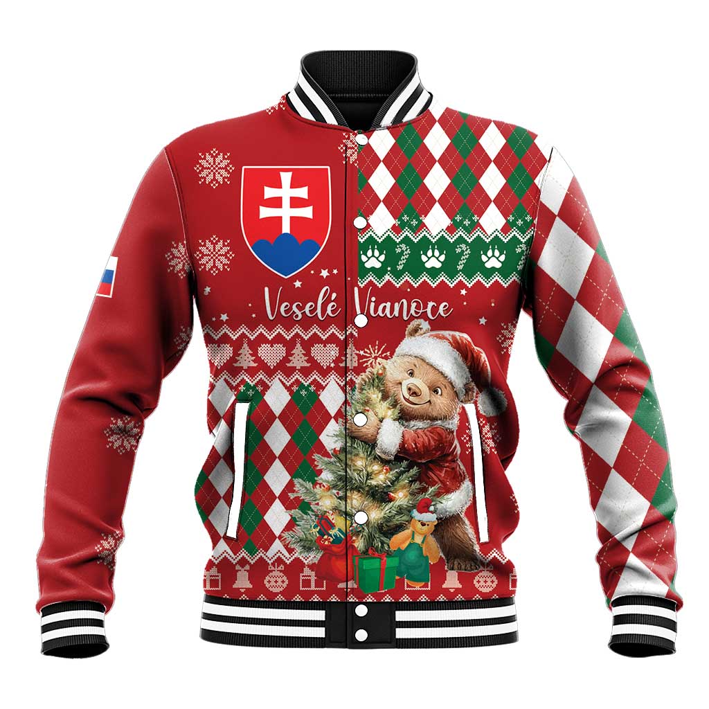 Unisex Christmas baseball jacket in red, argyle panels, bear graphic, striped cuffs
