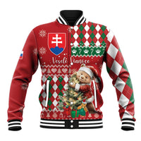 Unisex Christmas baseball jacket in red, argyle panels, bear graphic, striped cuffs