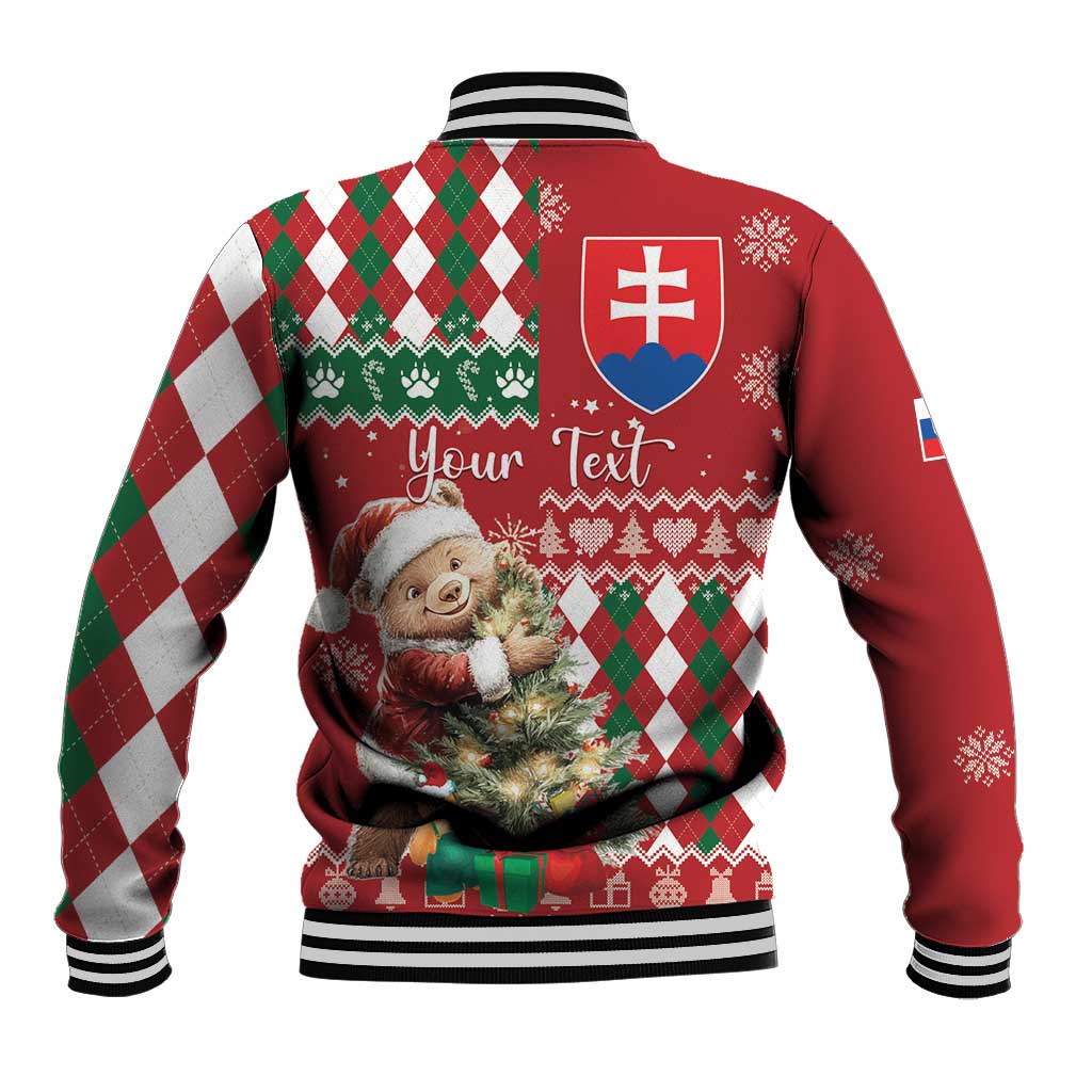 Unisex Christmas baseball jacket back view, red and argyle, bear graphic, “Your Text”