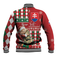 Unisex Christmas baseball jacket back view, red and argyle, bear graphic, “Your Text”