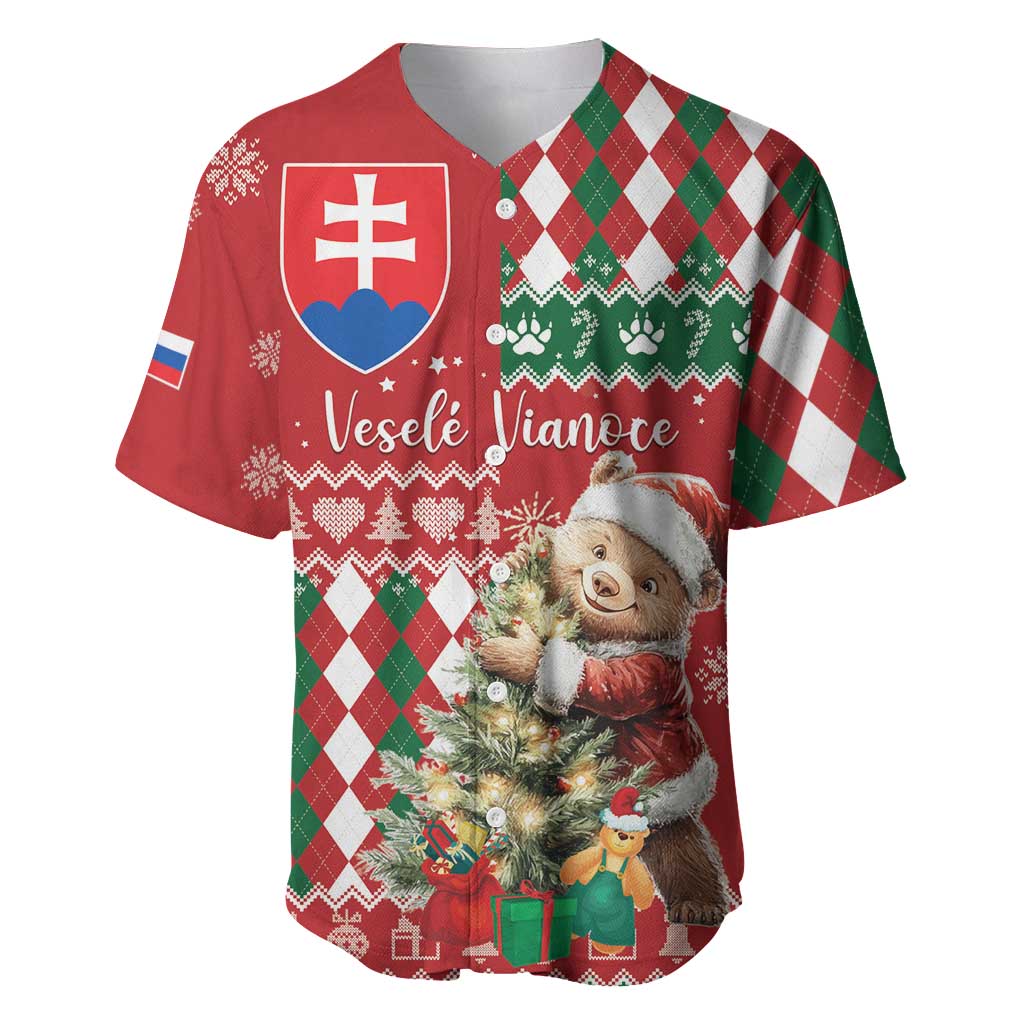 Personalised Slovakia Christmas Baseball Jersey Brown Bear Mix Argyle Pattern - Wonder Print Shop