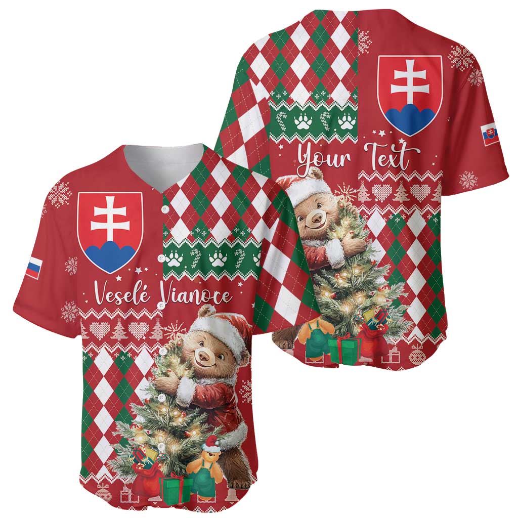 Pair of Christmas baseball jerseys, red-and-green argyle, bear scenes, shield graphics
