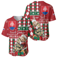 Pair of Christmas baseball jerseys, red-and-green argyle, bear scenes, shield graphics