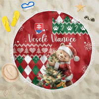 Round red Christmas beach blanket with bear Santa, argyle knit pattern, white fringe edge