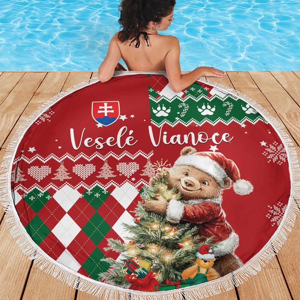 Round red Christmas beach blanket with bear Santa portrait, festive argyle knit design, white fringe