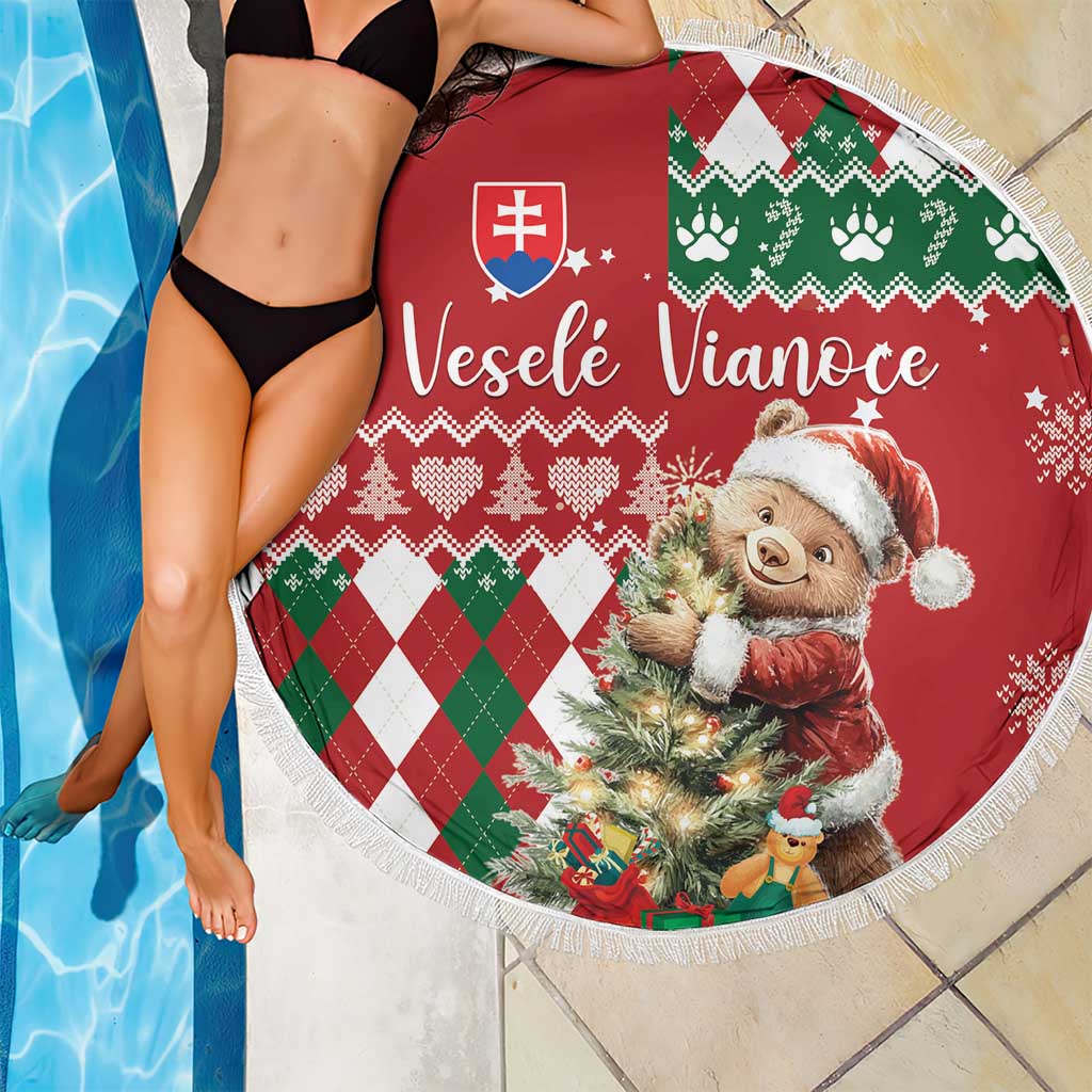 Round red Christmas beach blanket with bear, argyle pattern and fringe