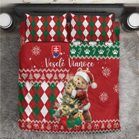 Red Christmas bedding set with teddy bear, green/red argyle panels, snowflake design