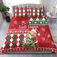 Red holiday duvet with teddy bear, green/red argyle pillowcases, festive snowflake border