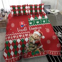 Red Christmas bedding set with teddy bear, green patterned panel, argyle and snowflakes