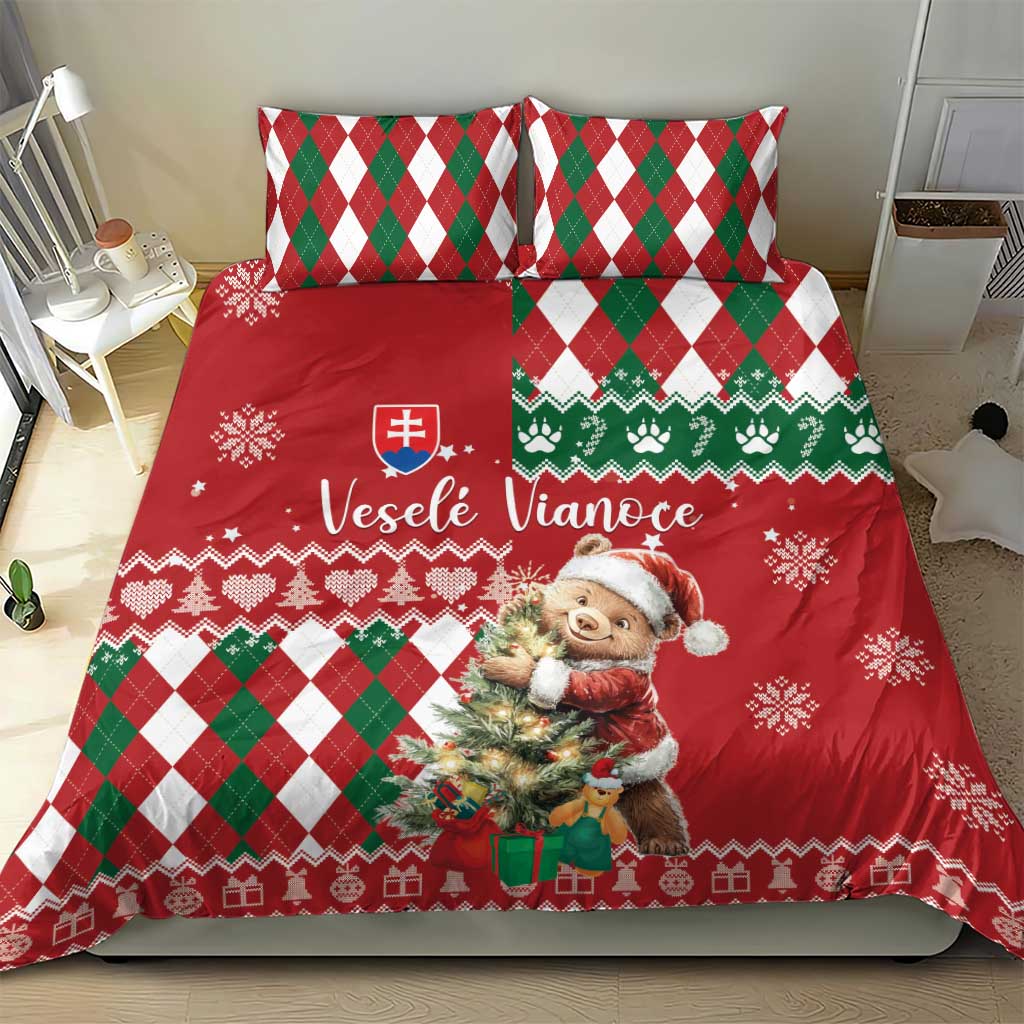 Red Christmas duvet with teddy bear illustration, green/red argyle pillows, snowflake motifs