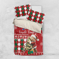 Christmas bedding set with red duvet cover and two pillowcases, teddy bear and argyle