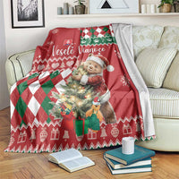 Christmas blanket in red with bear character and green white argyle pattern trim