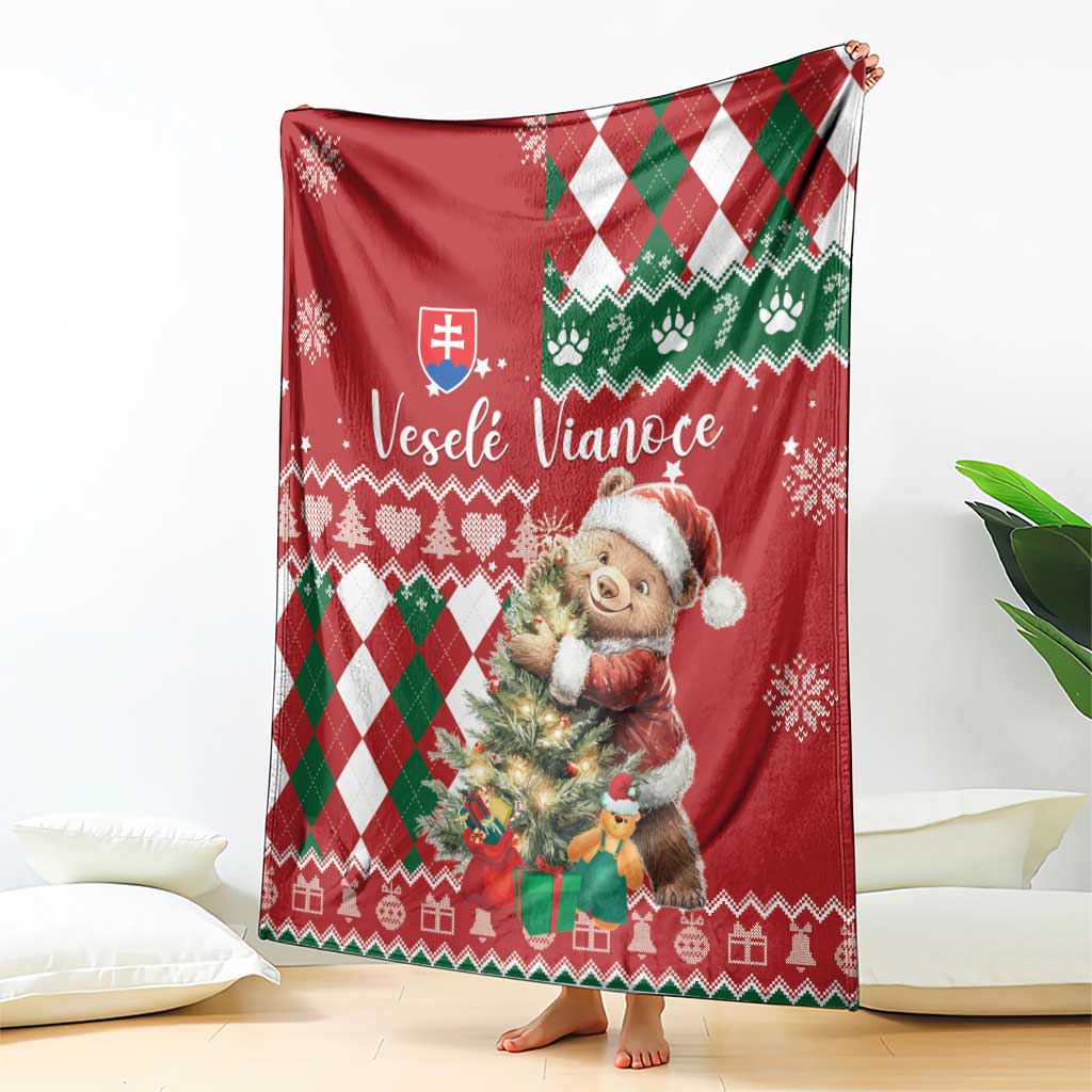 Red Christmas throw blanket with bear figure, green white diamond argyle band