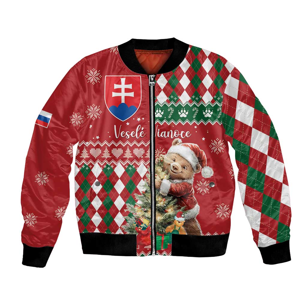 Red bomber jacket with zipper, bear Christmas patchwork argyle and snowflake graphics