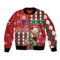 Red bomber jacket with zipper, bear Christmas patchwork argyle and snowflake graphics