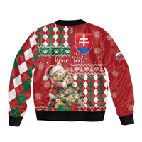 Red bomber jacket with bear and 'Your Text' graphic, argyle checks and snowflakes