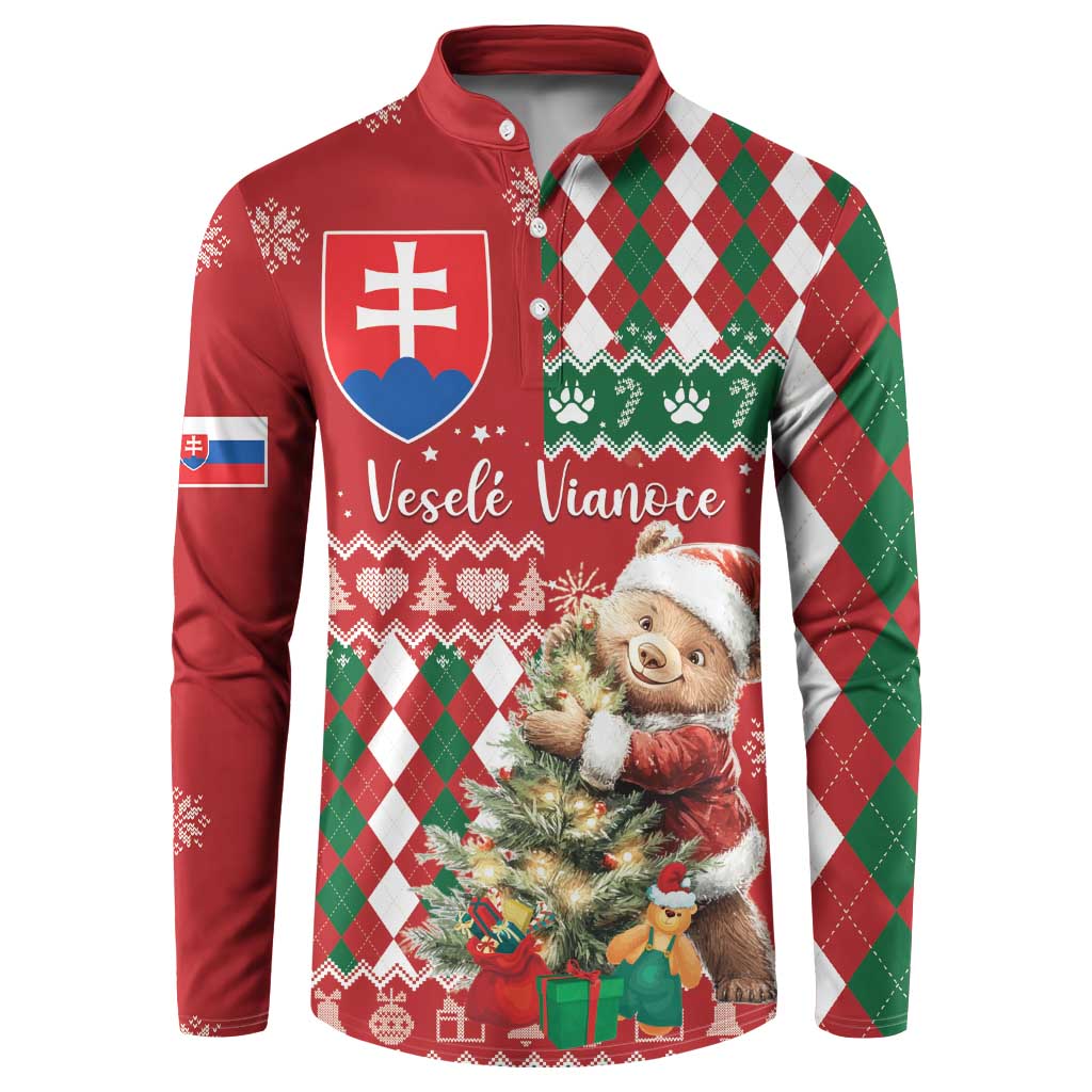 Red and green argyle Christmas button sweatshirt with bear graphic and collar