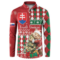 Red and green argyle Christmas button sweatshirt with bear graphic and collar