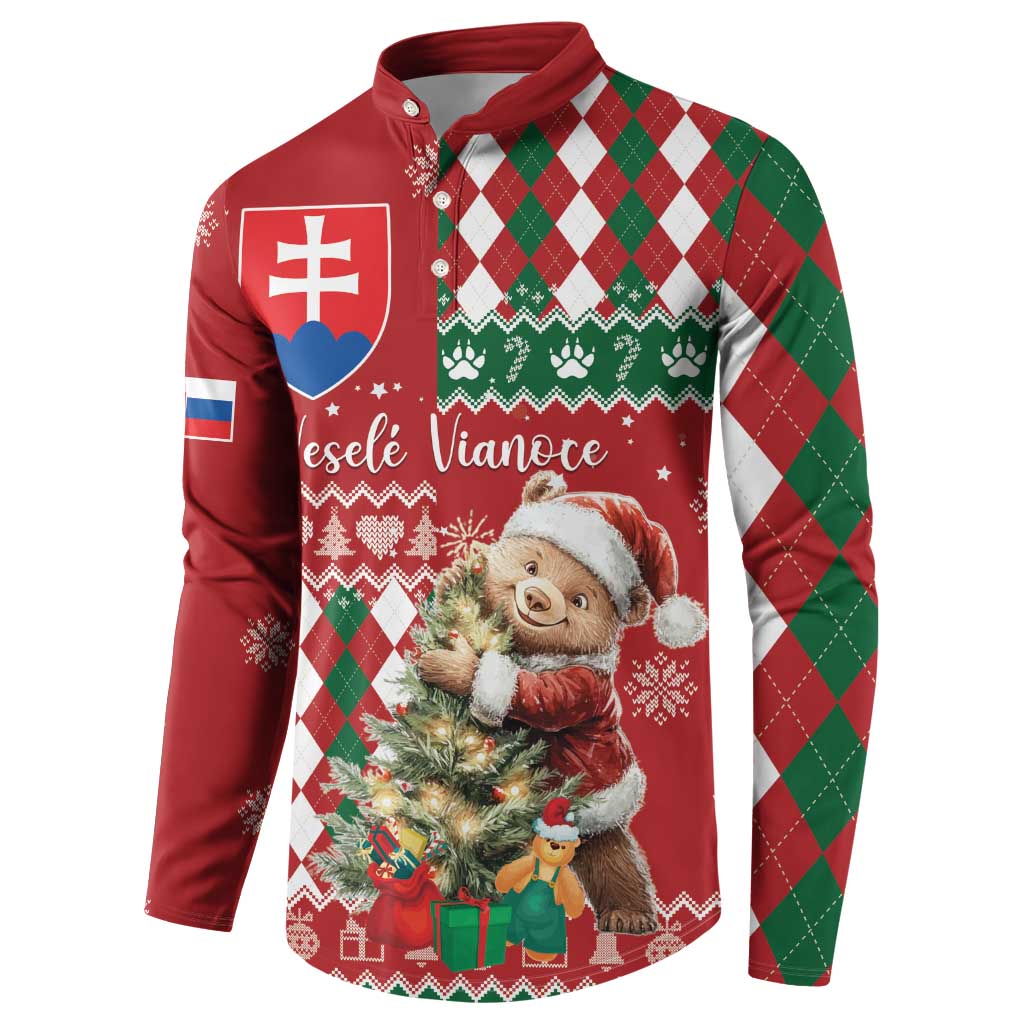 Red and green argyle Christmas button sweatshirt with bear graphic and long sleeves