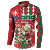 Red and green argyle Christmas button sweatshirt with bear graphic and long sleeves