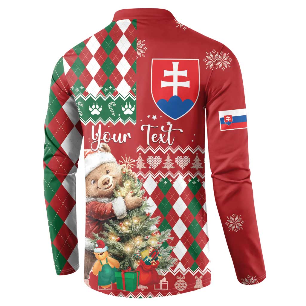 Red Christmas button sweatshirt back with Slovak shield, bear, argyle pattern and snowflakes