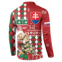 Red Christmas button sweatshirt back with Slovak shield, bear, argyle pattern and snowflakes