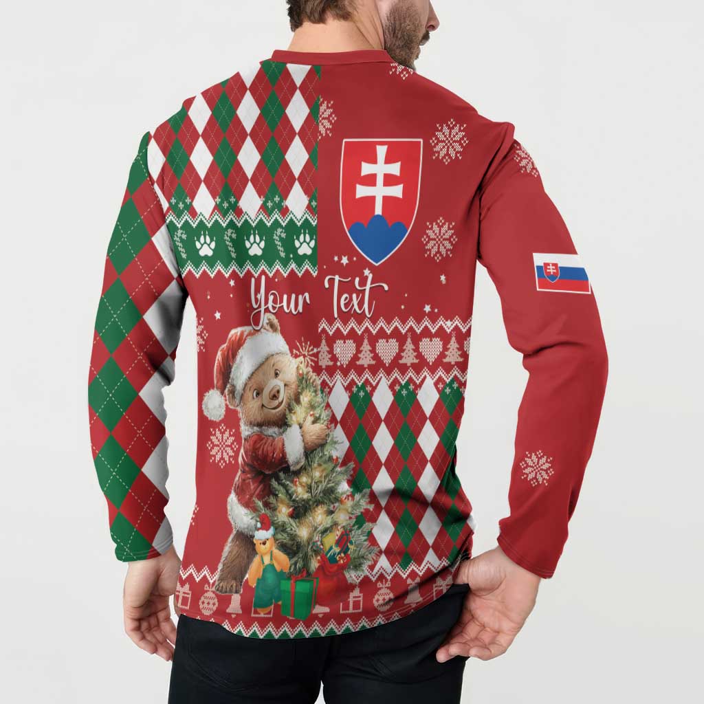 Red Christmas button sweatshirt back with "Your Text", shield, bear and argyle pattern