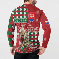 Red Christmas button sweatshirt back with "Your Text", shield, bear and argyle pattern