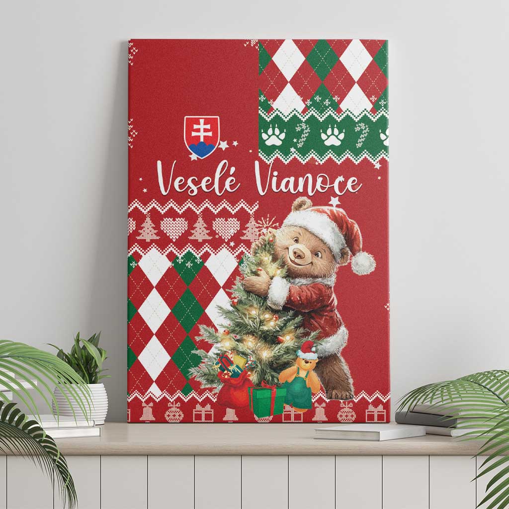 Red holiday canvas wall art featuring brown bear with gifts and festive argyle border