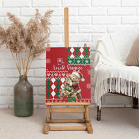 Red holiday canvas on easel with brown bear and presents, green red argyle pattern
