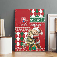 Red holiday canvas wall art featuring brown bear holding gifts beneath festive text