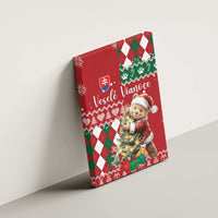 Side view red holiday canvas wall art on wall with brown bear and gifts, argyle design